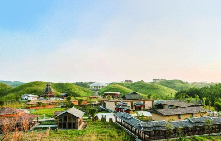 Ethnic customs island on the water of Luoshan Lake